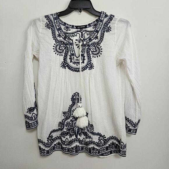 Max Edition Boho Peasant Style Blouse S Ivory Blue Embroidery Lg Beaded Pom Tie - Picture 1 of 11